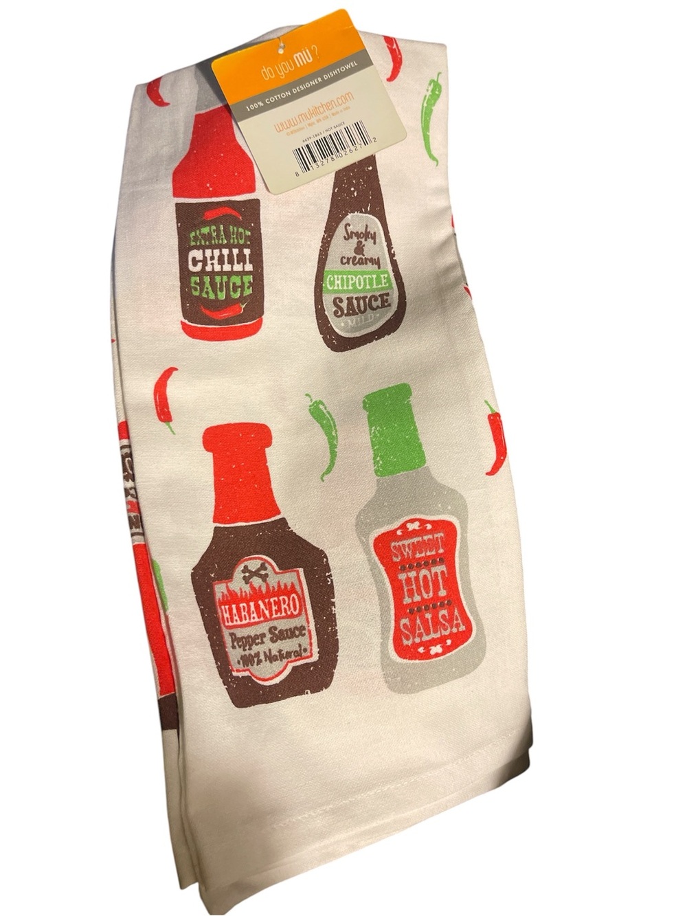 Do You Mu? Hot Sauce Print Kitchen Towel - Cream with Red & Green Accents